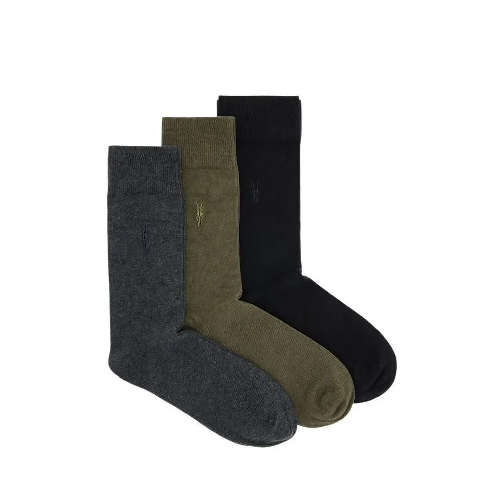 AllSaints Adan Ramskull 3-Pack Crew Socks Men’s 7–13, Cotton Stretch,Green Gray